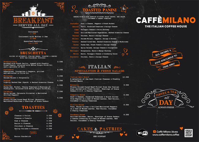 Cafe milano menu store